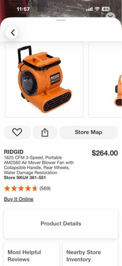 RIDGID 1625 CFM 3-Speed, Portable AM2560 Air Mover Blower Fan with Collapsible Handle, Rear Wheels, Water Damage Restoration