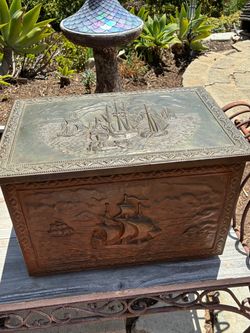 Antique Brass and Copper Embossed Ship Box