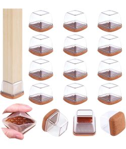 NEW 16 Pcs Chair Leg Floor Protectors, Clear Square Chair Feet Protectors Silicone Felt Pads Chair Leg Covers for Hardwood Floors, Stool Leg Floor Pro