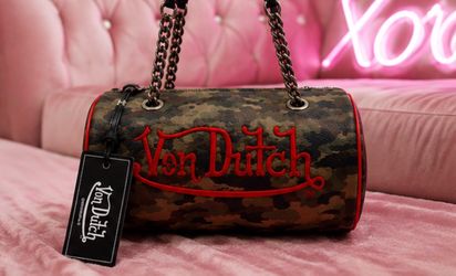 Von Dutch Camo Red Logo Y2K Barrel Shoulder Bag NWT