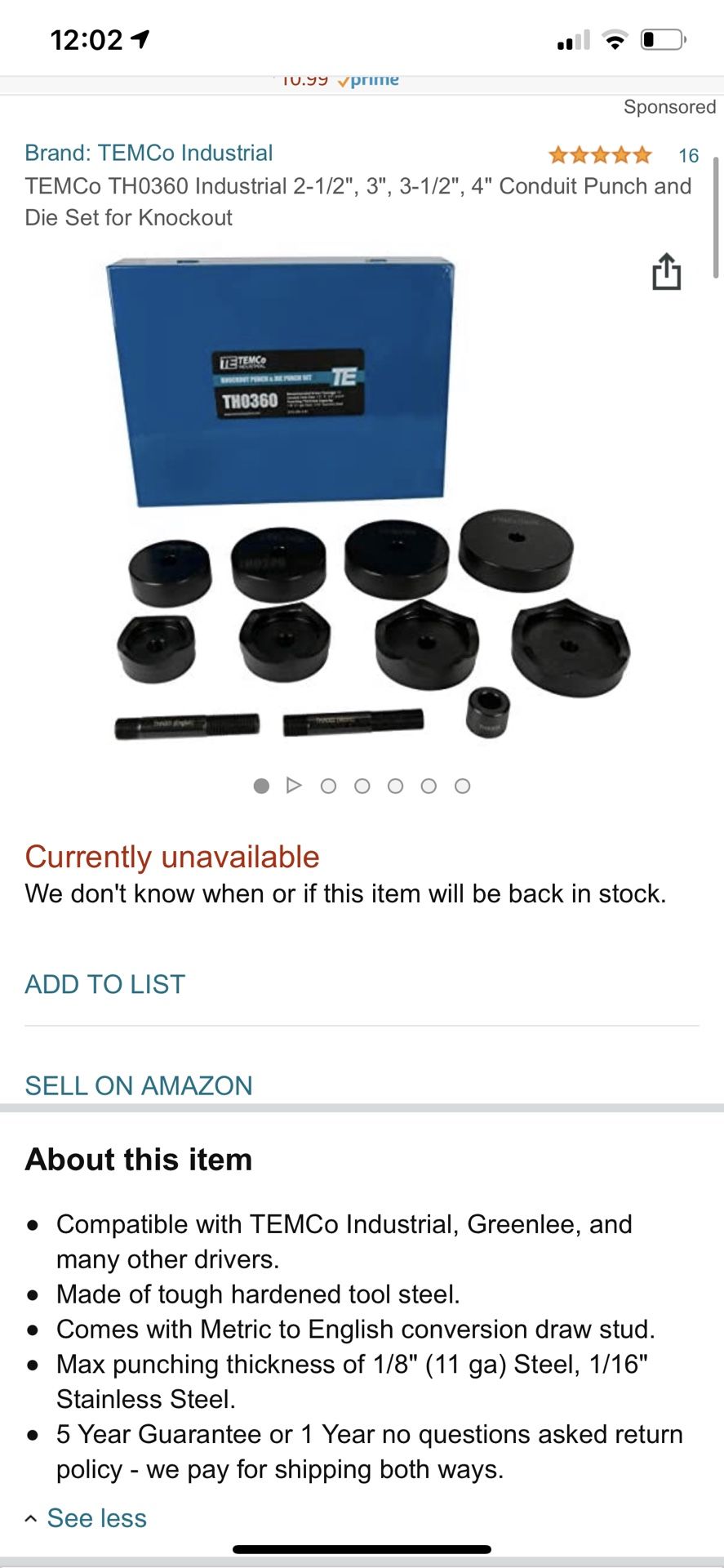 Temco KO Punch And Die Set For Conduit Sizes 2 1/2” 3” 3 1/2” 4”