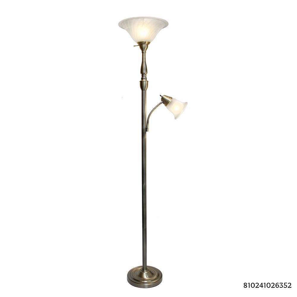 Elegant Designs 2-Light 71 in. Mother Daughter Antique Brass Floor Lamp with White Marble Glass