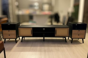 Mid-Century Black & Rattan TV Stand + Matching LED Nightstands w/ Charging Station (Set of 3) 