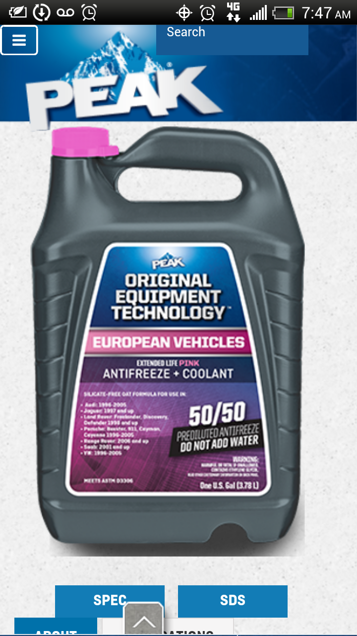 Peak original Equipment Technology European Vehicle coolant and antifreeze