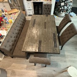 Brown Rustic Brown Dining Table Set w/ Bench & Chairs