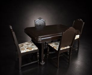 Vintage Dark Wood Dining Table Set with 4 High-Back Chairs