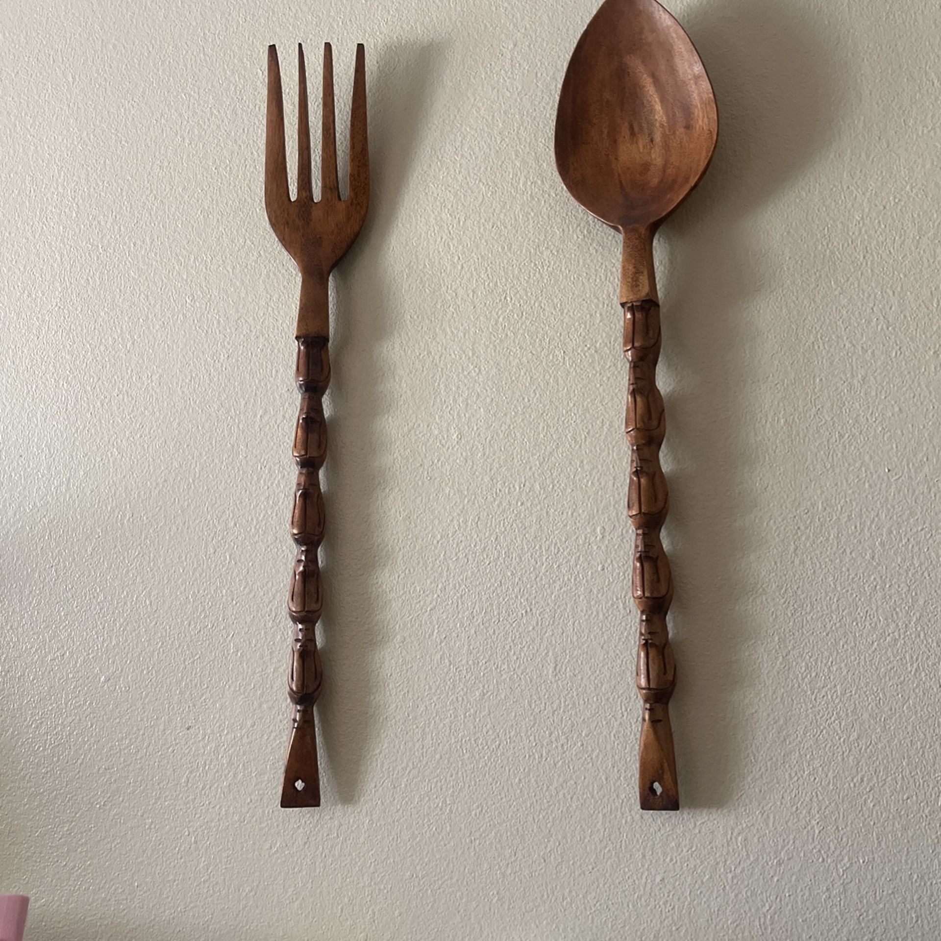 Large 4’ Wood Vintage Fork And Spoon