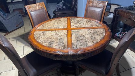 Beautiful Round  Dining set solid wood real leather chairs