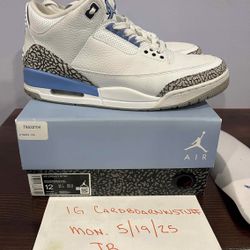 JORDAN 3 UNC SIZE 12 MENS With Box! Used Selling As Is! CHECK CHECK VERIFIED