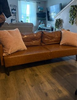 Vonanda 73” Caramel Faux Leather Mid-Century Modern Sofa