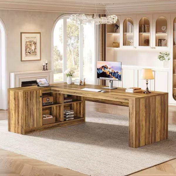 Capen 72.8 in. L-Shaped Brown Wood Executive Desk with Storage Shelves and Cabinet
