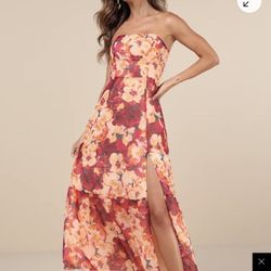 Lulus Bright Perspective Plum & Orange Floral Strapless Midi Dress (size Medium) 