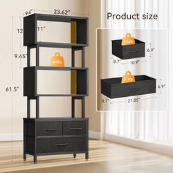 7 Tier Bookshelf, Tall Geometric Bookcase with Fabric Drawers, Modern Display Book Shelves Book Case for Living Room Bedroom, Wood Decorative Standing
