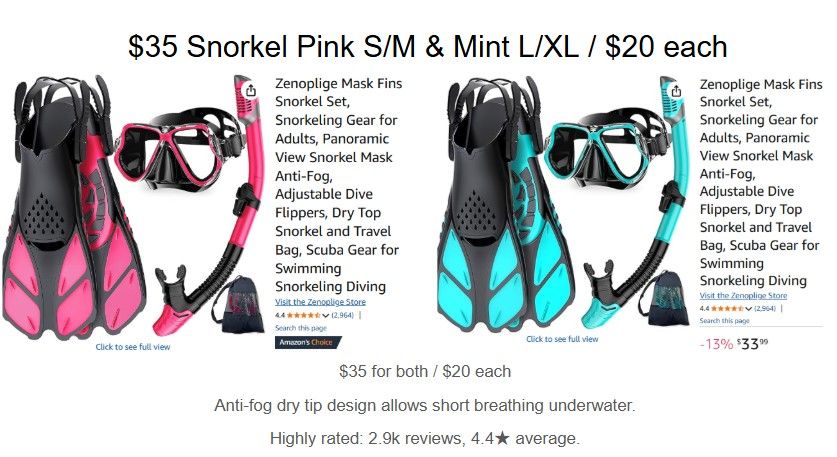 $35 Snorkel Pink S/M & Mint L/XL / $20 each