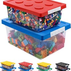 Plastic Storage Bins with Lids - Stackable Toy Storage Organizer Box Set of 2, Toy Chests with Compatible Building Baseplate and Lid, Storage Containe