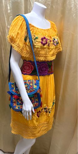 Mexican Yellow Floral Embroidered Off-Shoulder Dress Fiesta Campesina