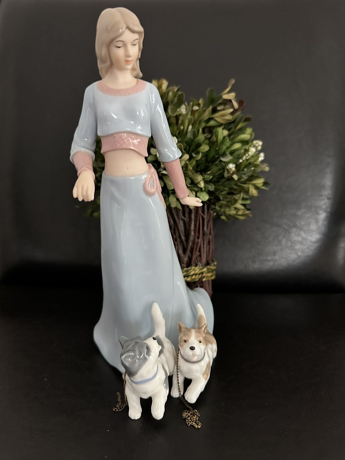 Japanese Porcelain & Bisque Statuette Young Girl Walking 2 Dogs Blue & Pink Half Shirt & Long Skirt 2004 YH