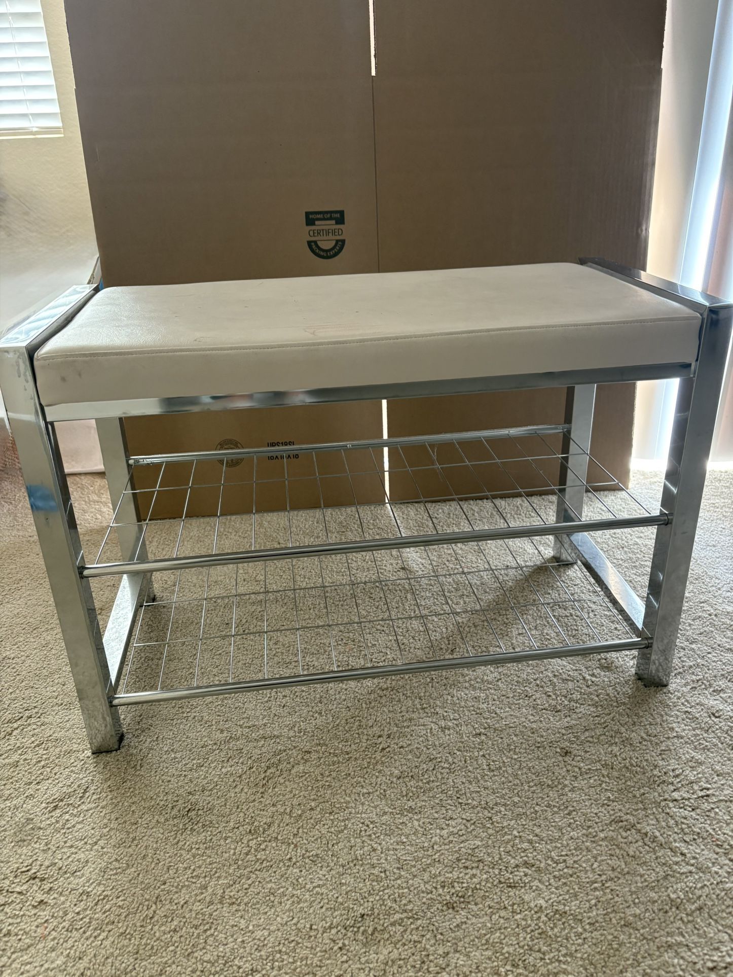 Leatherette Entryway Bench with Two Metal Shoe Racks (Chrome/White)