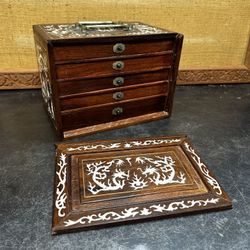 Antique Mahjong Set Inlay Wood Case Chinese Mah Jong Bone on Bamboo 148 Rosewood