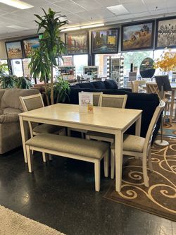 White Wood Dining Table Set with Bench
