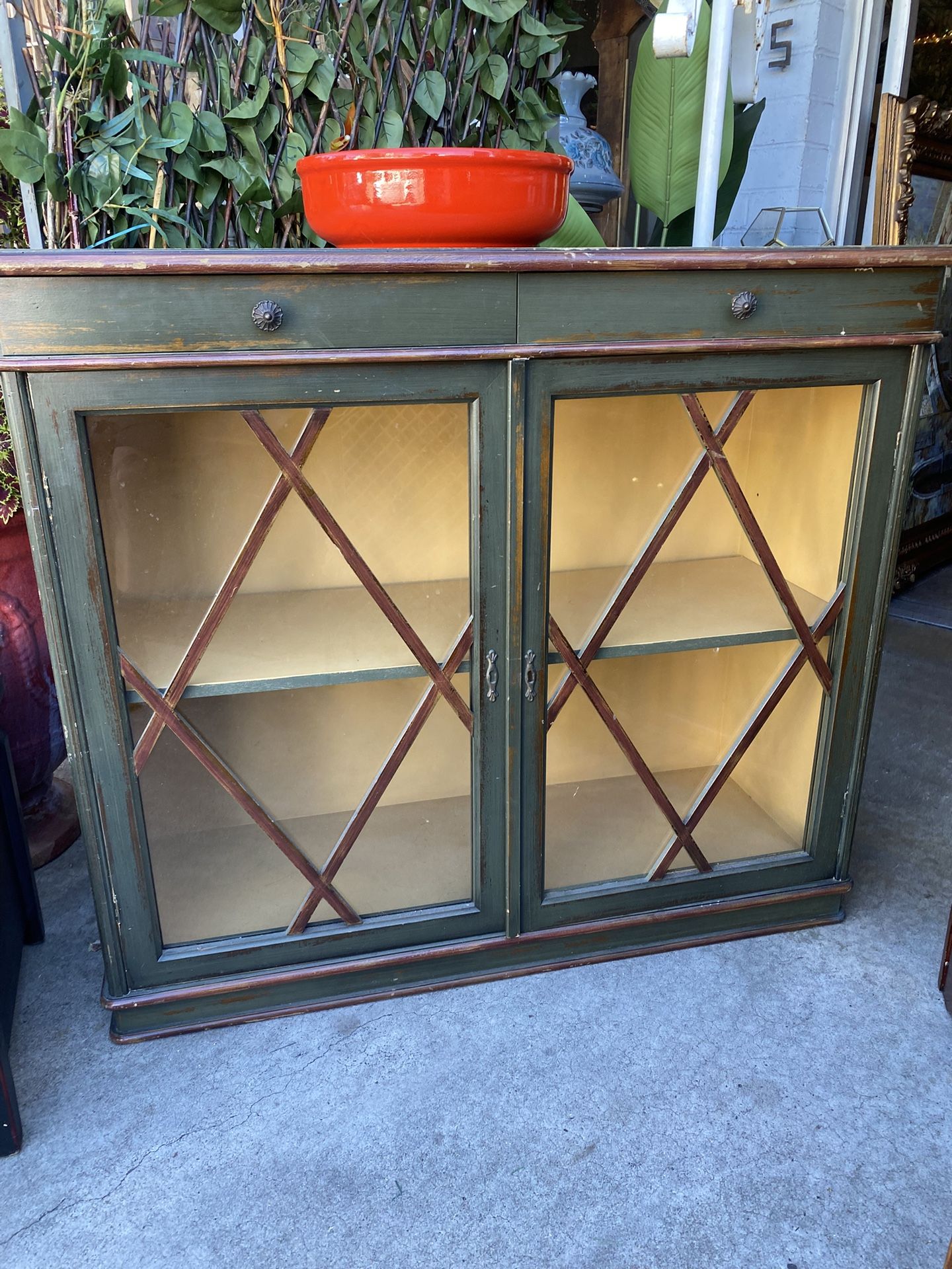 Antique Display Case Cabinet With Two Top Drawers