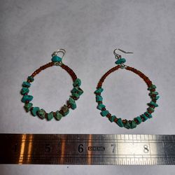 Turquoise Stone And Bead Hoop Earrings