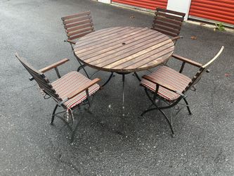High-end Gorgeous Wood & Wrought Iron Patio Set Table & 4 Folding Chairs