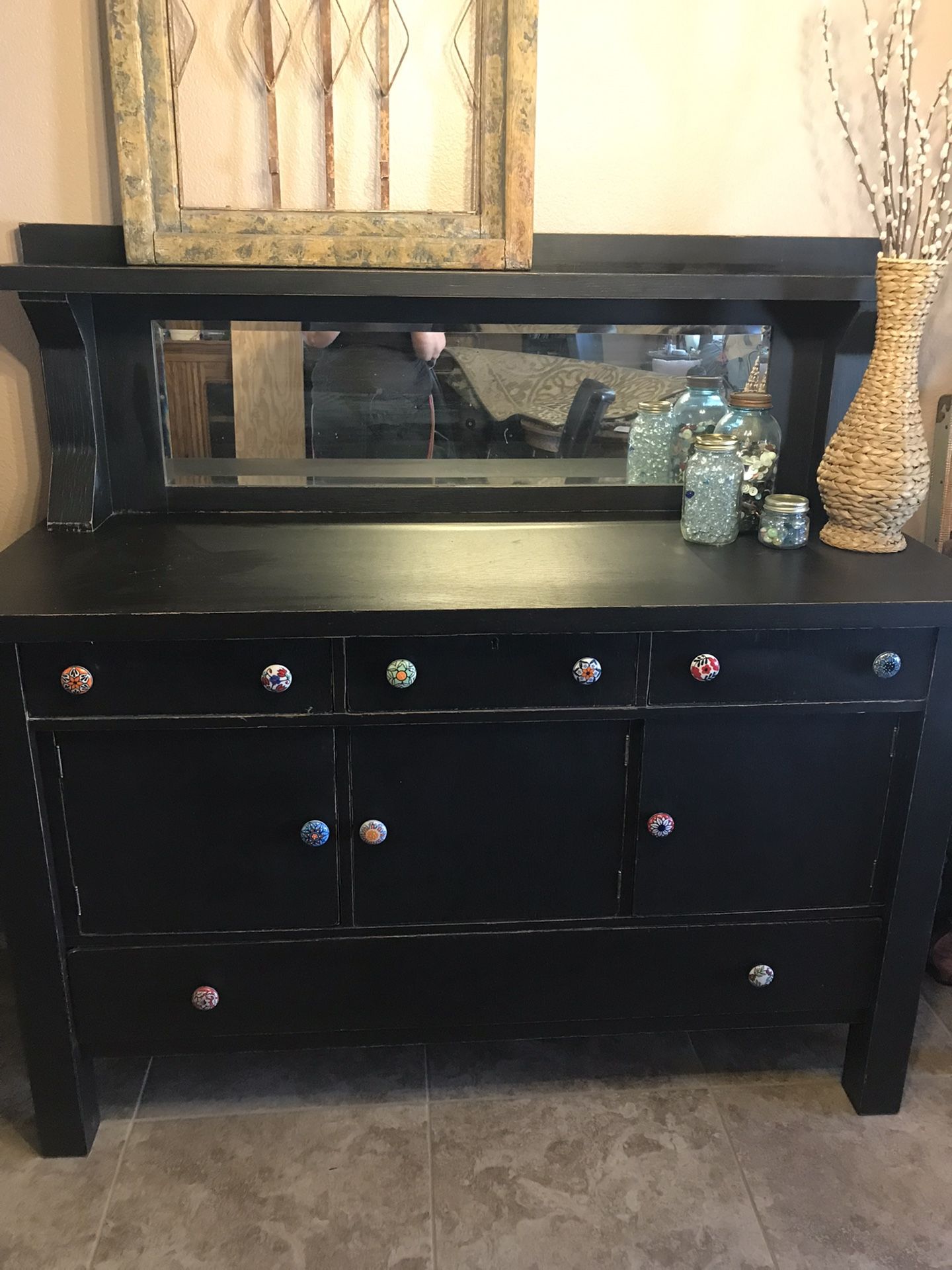 Antique Farmhouse Buffet Side Table With Hand Pained Mexican Knobs