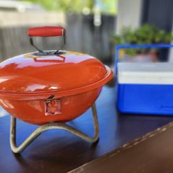 Orange Table Top Barbecue Grill Charcoal Grill And Mini Personal Hardshell Cooler