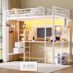 Twin Metal Loft Bed with L-Shaped Desk, Loft Bed Frame with Charging Station, Storage Bed with 2 Drawers & Open Shelf, Safety Guard & Ladder
