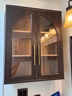 Dark Wood Wall Cabinet with Arched Glass Doors