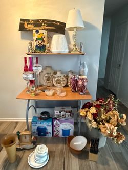 IKEA desk, lamps, kitchenware, wall decor, cushions, futon, oak lighted hutch all new or nearly new