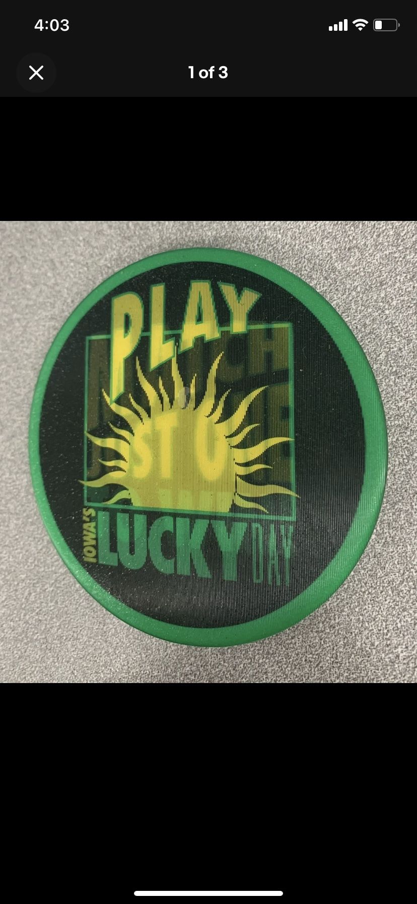 Vintage Iowa Lottery “Iowas Lucky Day” Promo pin-back 3” Circle Button