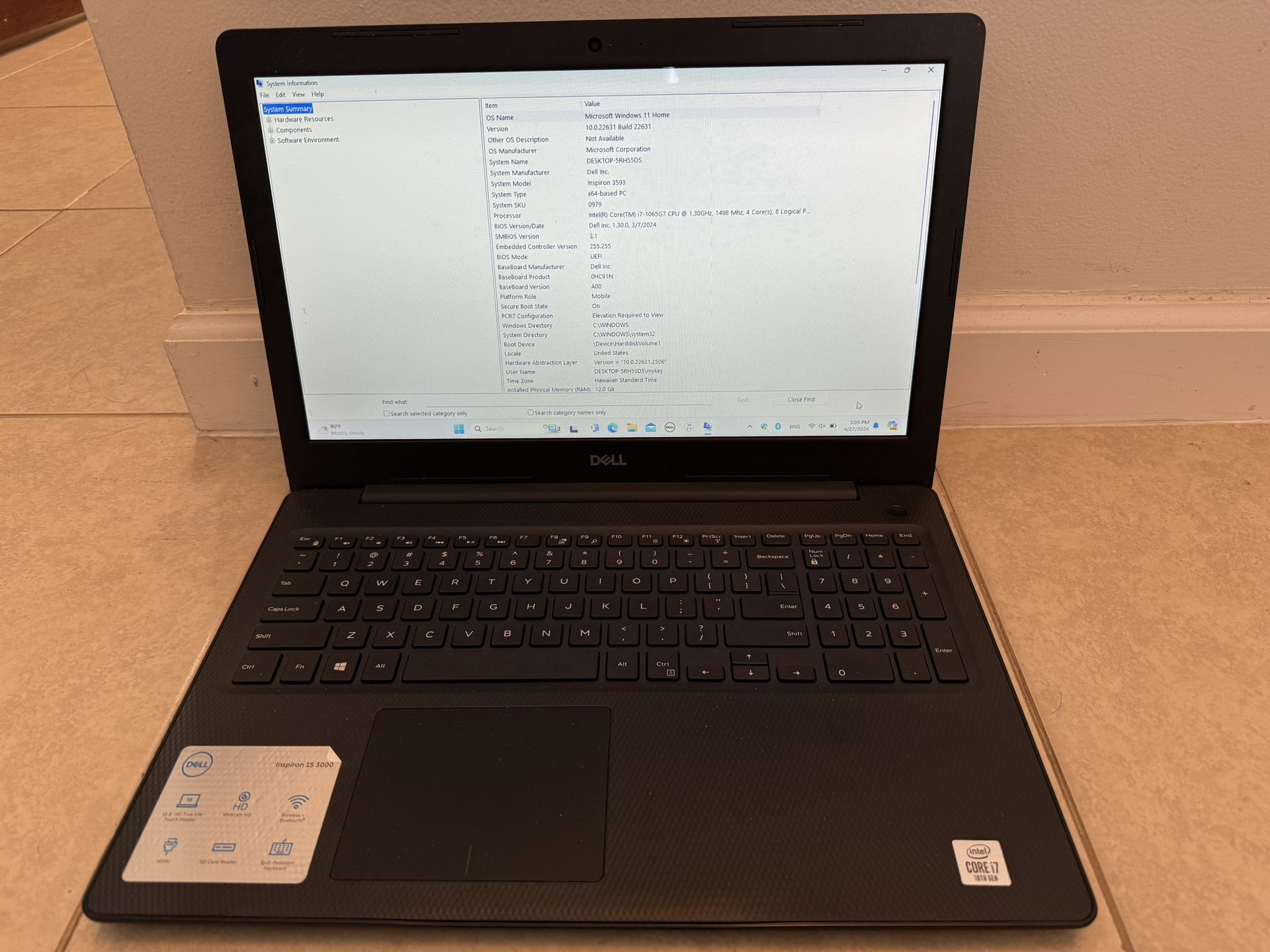 Dell Inspiron 15 3593 Intel i7 12GB Memory 512GB SSD Touch display