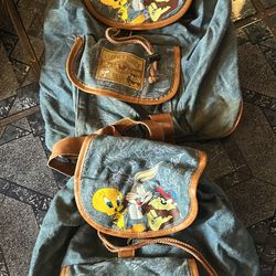 Vintage Looney Tunes Denim Drawstring Backpack