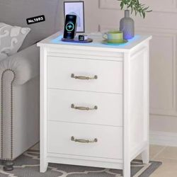 Nightstand with LED Lights and Charging Station, 3 Drawers End Table Bedside Table for Bedroom (White)