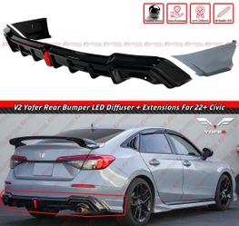 22-26 HONDA CIVIC SEDAN YOFER V2 SONIC GRAY LED REAR DIFFUSER+ CORNER SPATS