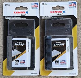 2 pack Lenox Gold Bi-Metal Utility Blades, model number 20351GOLD50D, featuring a titanium edge for extended durability.Each pack contains 50 blades h