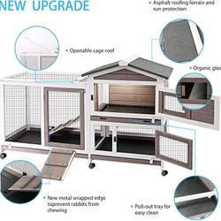 [GREYWHITE] Rabbit Hutch Indoor Outdoor Two Story Bunny Hutch with Wheels Guinea Pig Cage with Removable No Leaking Tray Wooden Pet House with