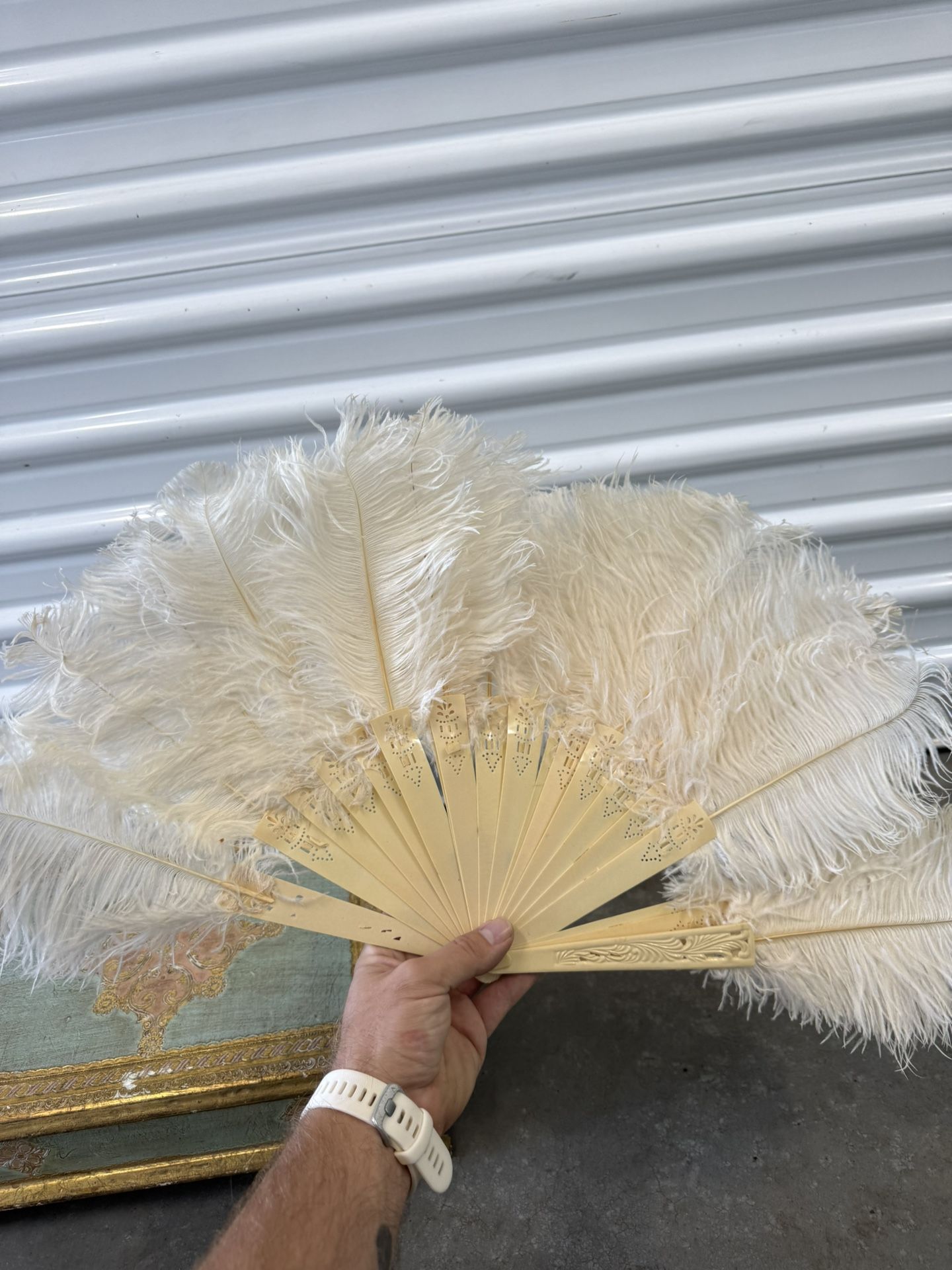 VINTAGE White OSTRICH FEATHER CELLULOID HAND FAN