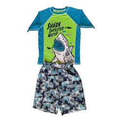 2-pc Shark Themed Swimwear Shirt & Shorts Boys Size 8