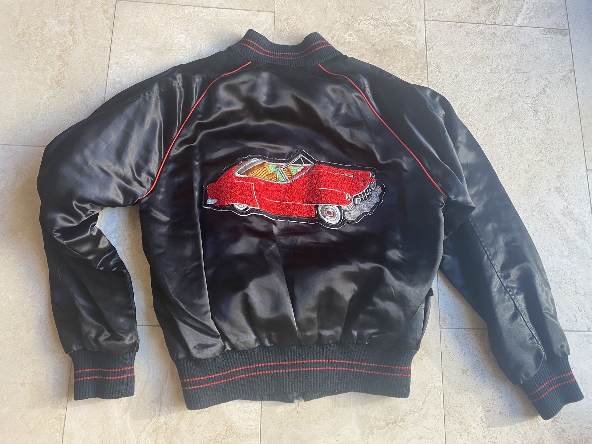 VIntage Style Auto Cadillac 1950 Embroidery Patch Black Satin Jacket Medium
