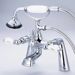 Water Creation Tub Faucet with Labeled Porcelain Lever Handles and Handshower
