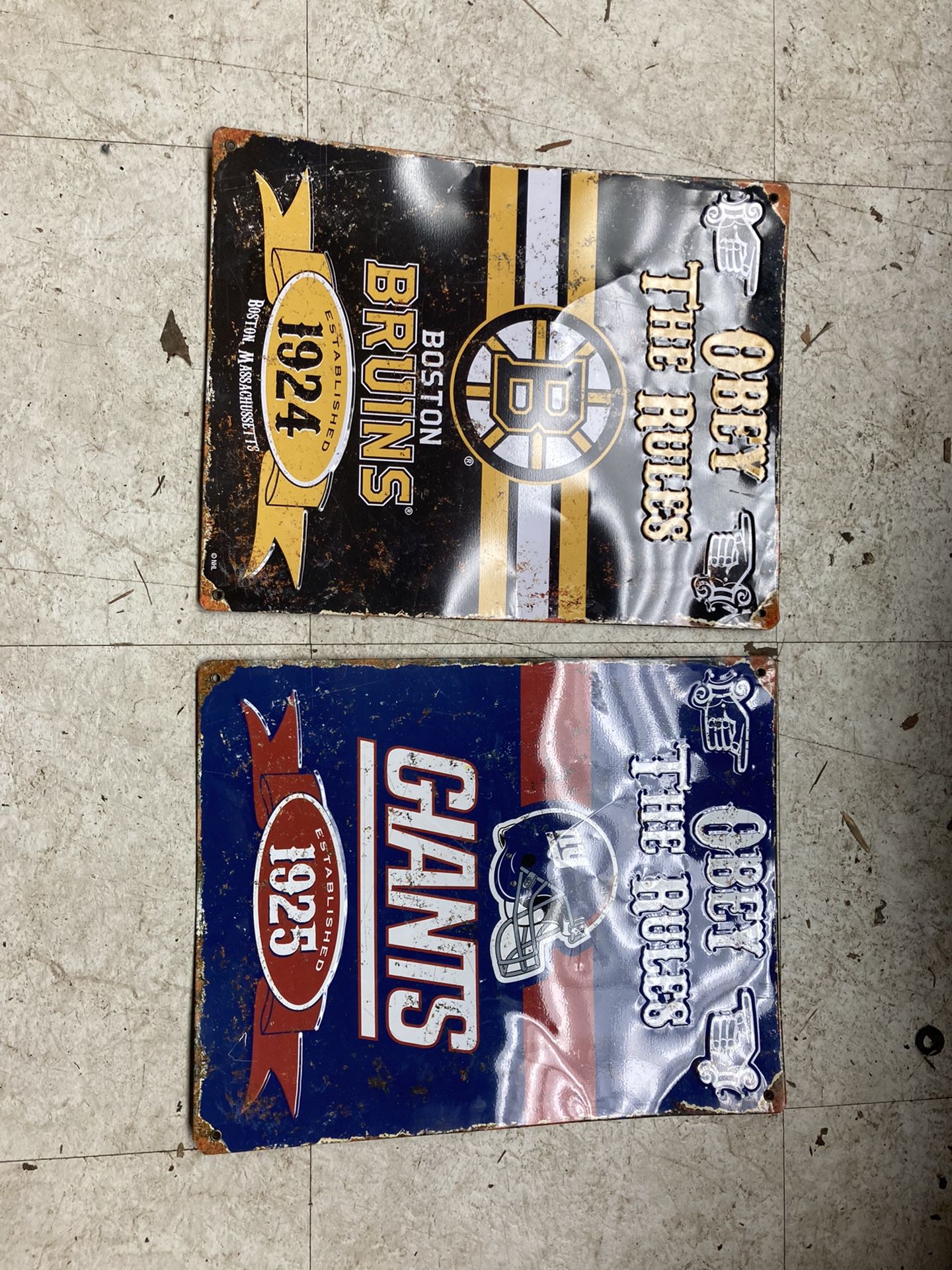 NFL NY GIANTS NHL BOSTON BRUINS Obey The Rules Embossed Tin Sign Vintage Style 11.5 x 14.5 $15 EACH