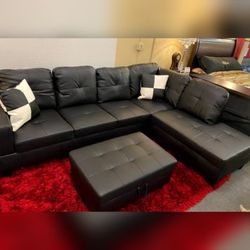 Faux Leather sectional sofa with ottoman