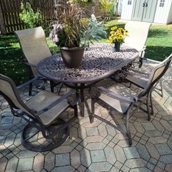 Patio Table 74"/42" Cast Aluminum End 6 Chairs Aluminum  / Fabric Color Brown
