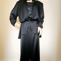 Vintage BOSTON MAID Black Rich Widow Sequins Peplum Dress 12 M 8 10 Long Sleeves