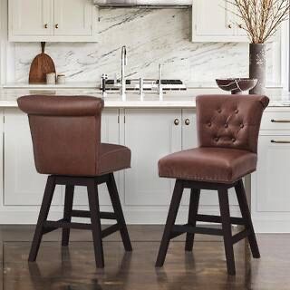 26 in. Brown Faux Leather Swivel Barstool Solid Wood Counter Stool with Nail head Trim and Tufted Backrest Set of 2