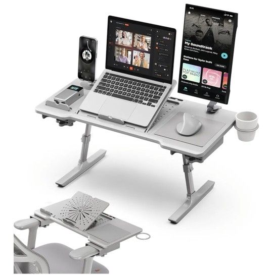 Newtral Laptop Bed Tray Desk, Height & Angle Adjustable Foldable Laptop Stand w/Cup Holder, Mousepad, Laptop Table Bookstand for Gaming, Working, Sofa