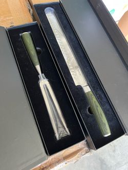 HexClad Carving Knife and Fork Set, 10-Inch, Japanese Damascus Stainless Steel Blade Knife with Full Tang Construction and 2-Pronged Fork, Pakkawood H
